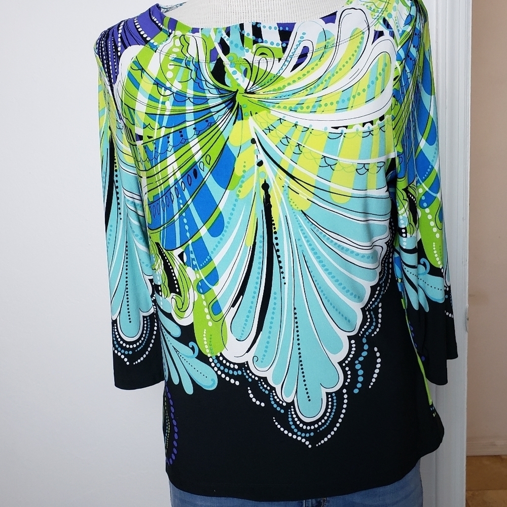 Investments Petites Vintage Boat Neck Quarter Sleeve Blue & Black Blouse Size PM